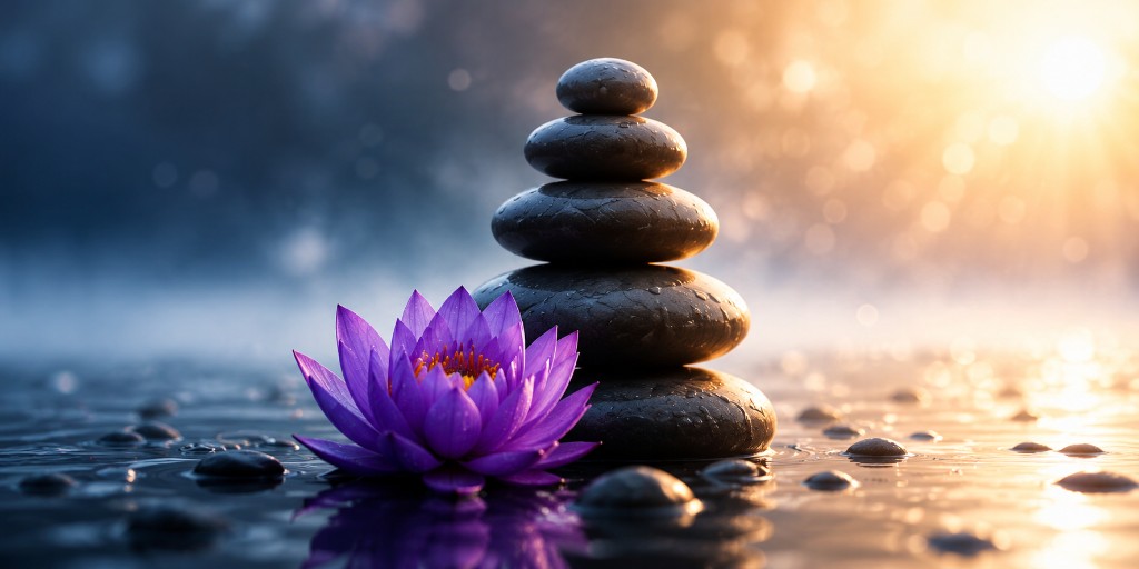 Stacked stones and purple lotus on reflective water